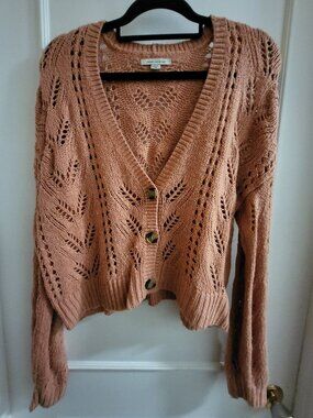 American Eagle Pointelle Knit Cropped Cardigan - Salmon/Peach - Medium